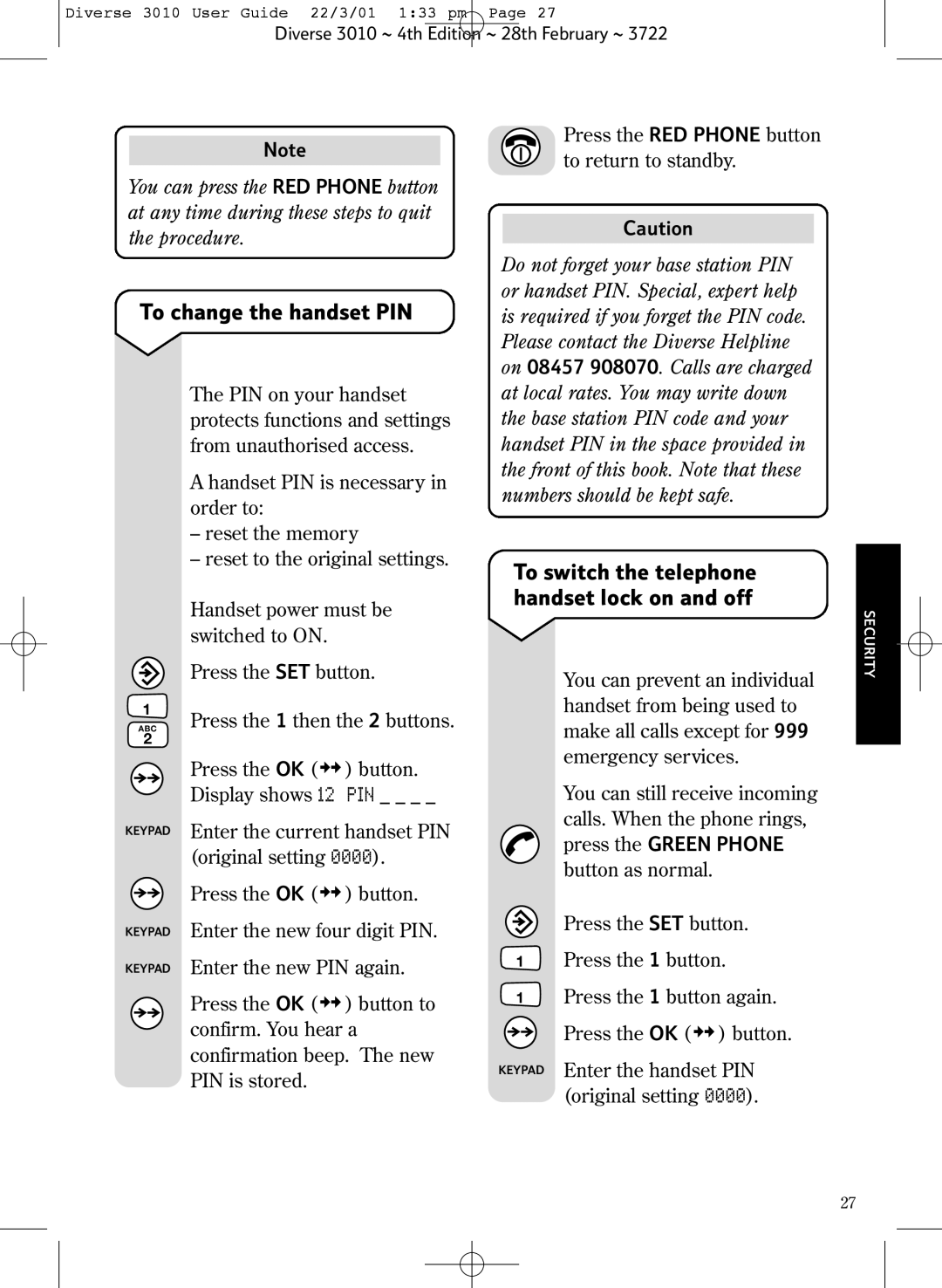 BT 3010 Classic manual To change the handset PIN, To switch the telephone handset lock on and off 