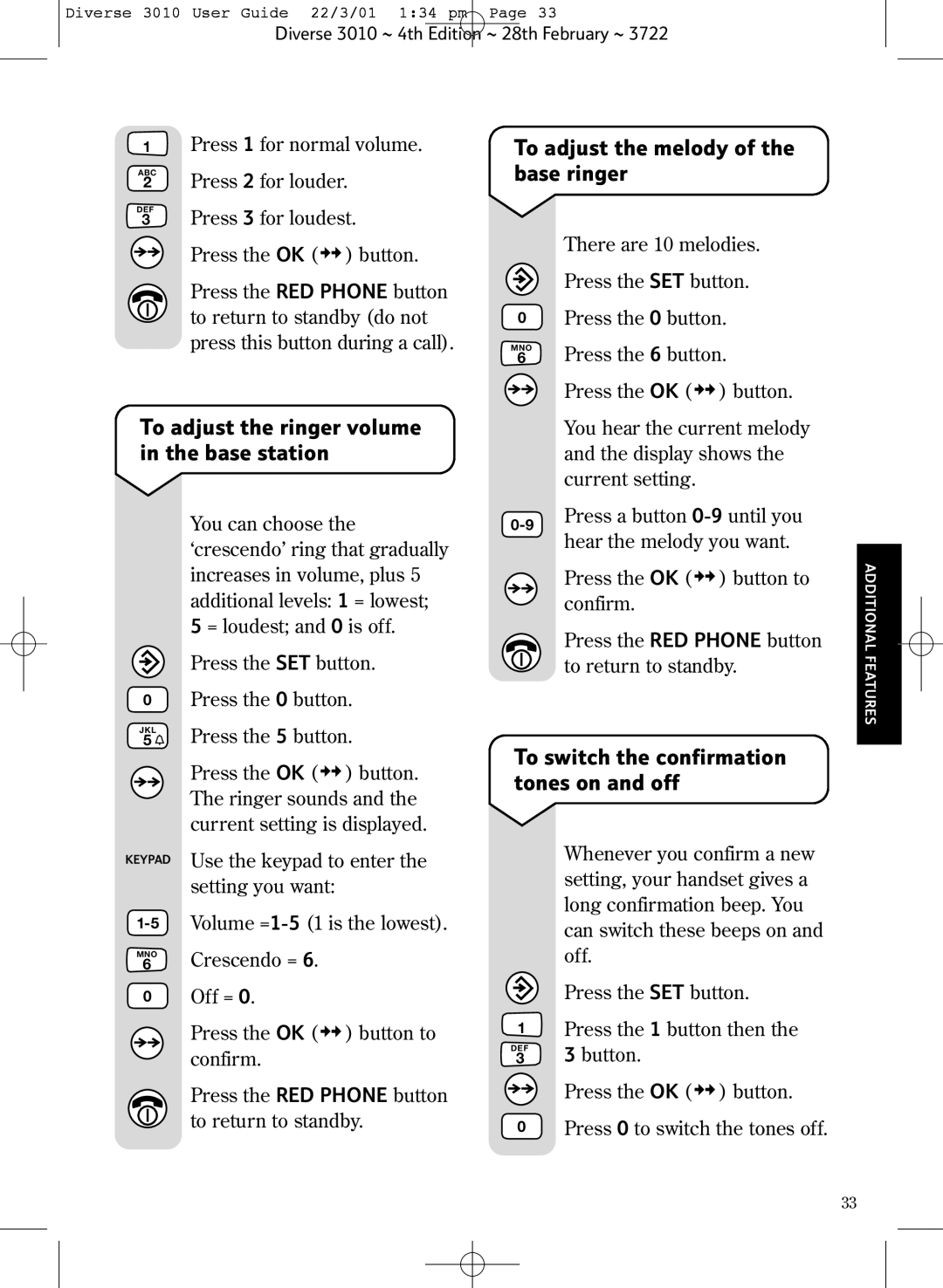 BT 3010 Classic manual To adjust the ringer volume in the base station, To adjust the melody of the base ringer 