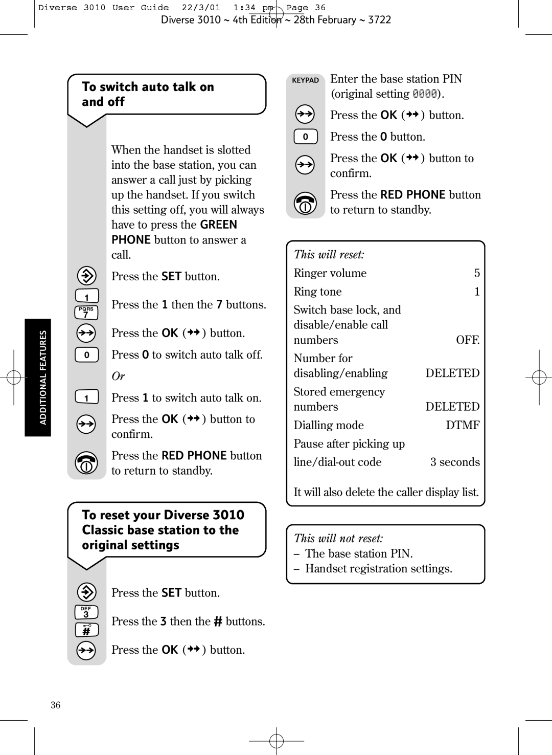 BT 3010 Classic manual To switch auto talk on and off 