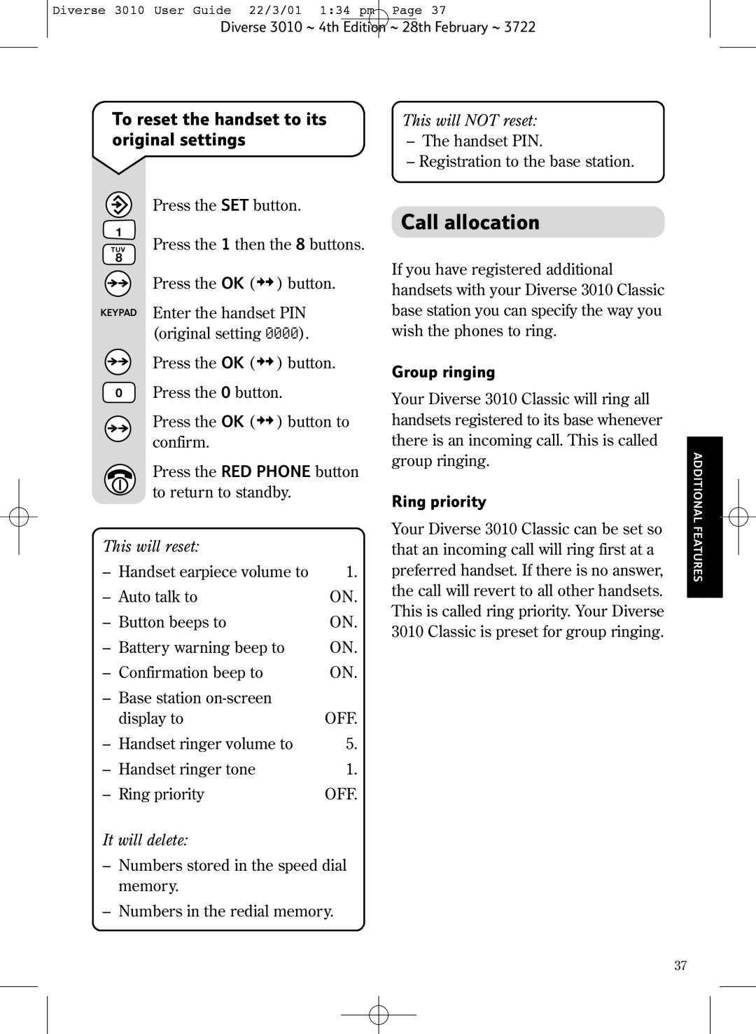 BT 3010 Classic manual Call allocation, To reset the handset to its original settings, Group ringing, Ring priority 