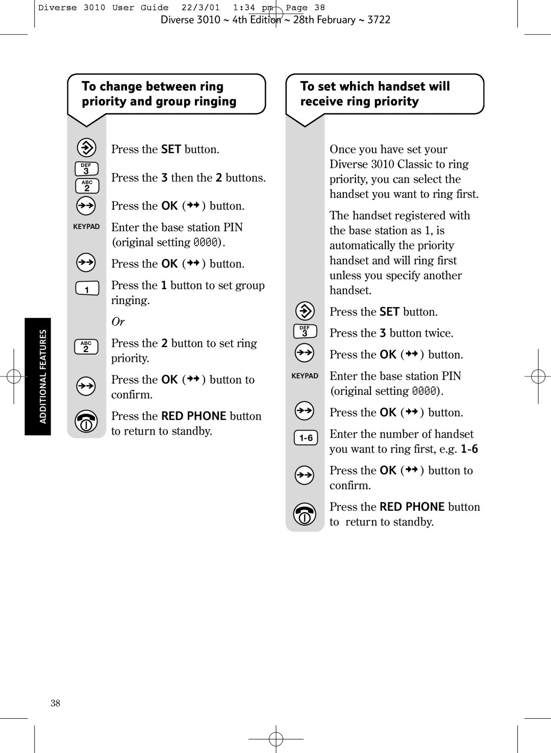 BT 3010 Classic manual To change between ring, Priority and group ringing Receive ring priority, To set which handset will 