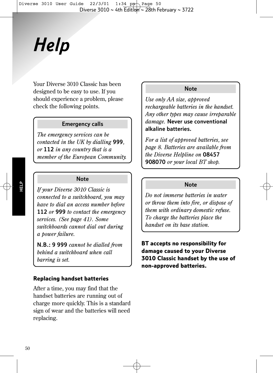 BT 3010 Classic manual Help, Emergency calls, Replacing handset batteries 