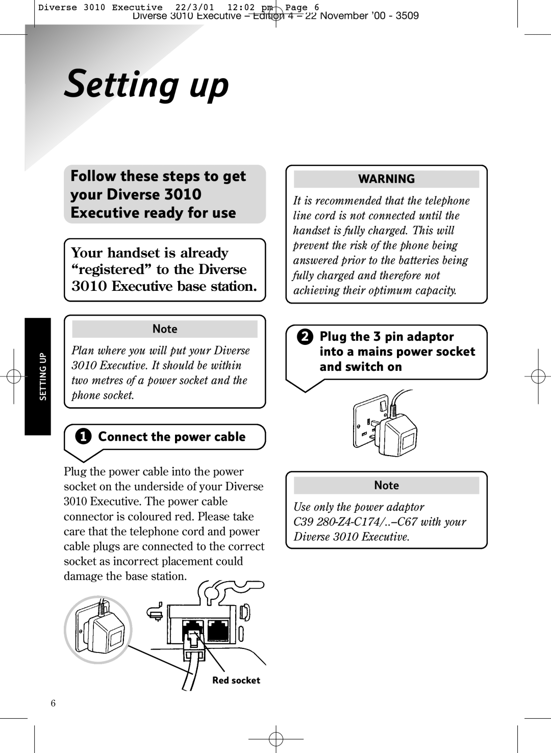 BT 3010 Executive manual Setting up, Connect the power cable 