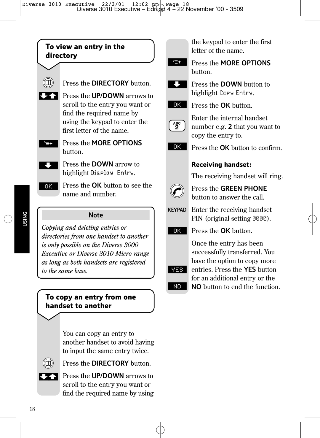 BT 3010 Executive To view an entry in the directory, To copy an entry from one handset to another, Highlight Display Entry 