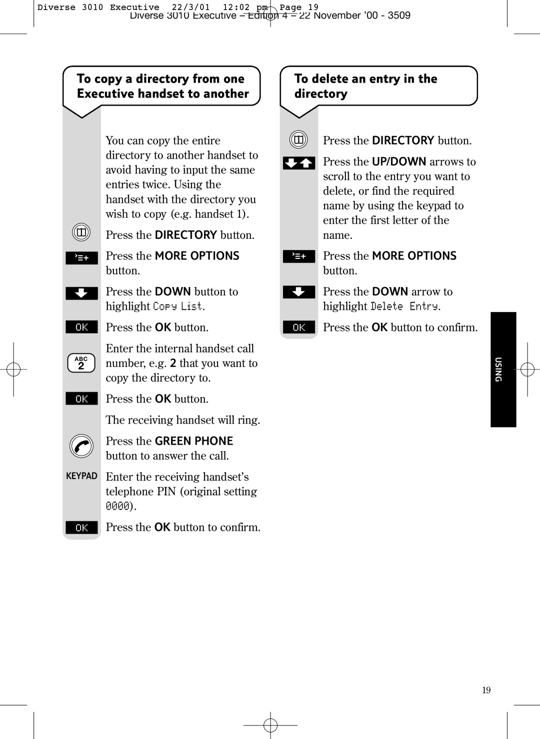 BT 3010 Executive manual To delete an entry in the directory, Keypad 