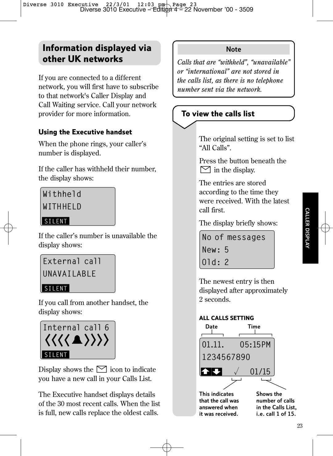 BT 3010 Executive manual Information displayed via other UK networks, To view the calls list, Using the Executive handset 