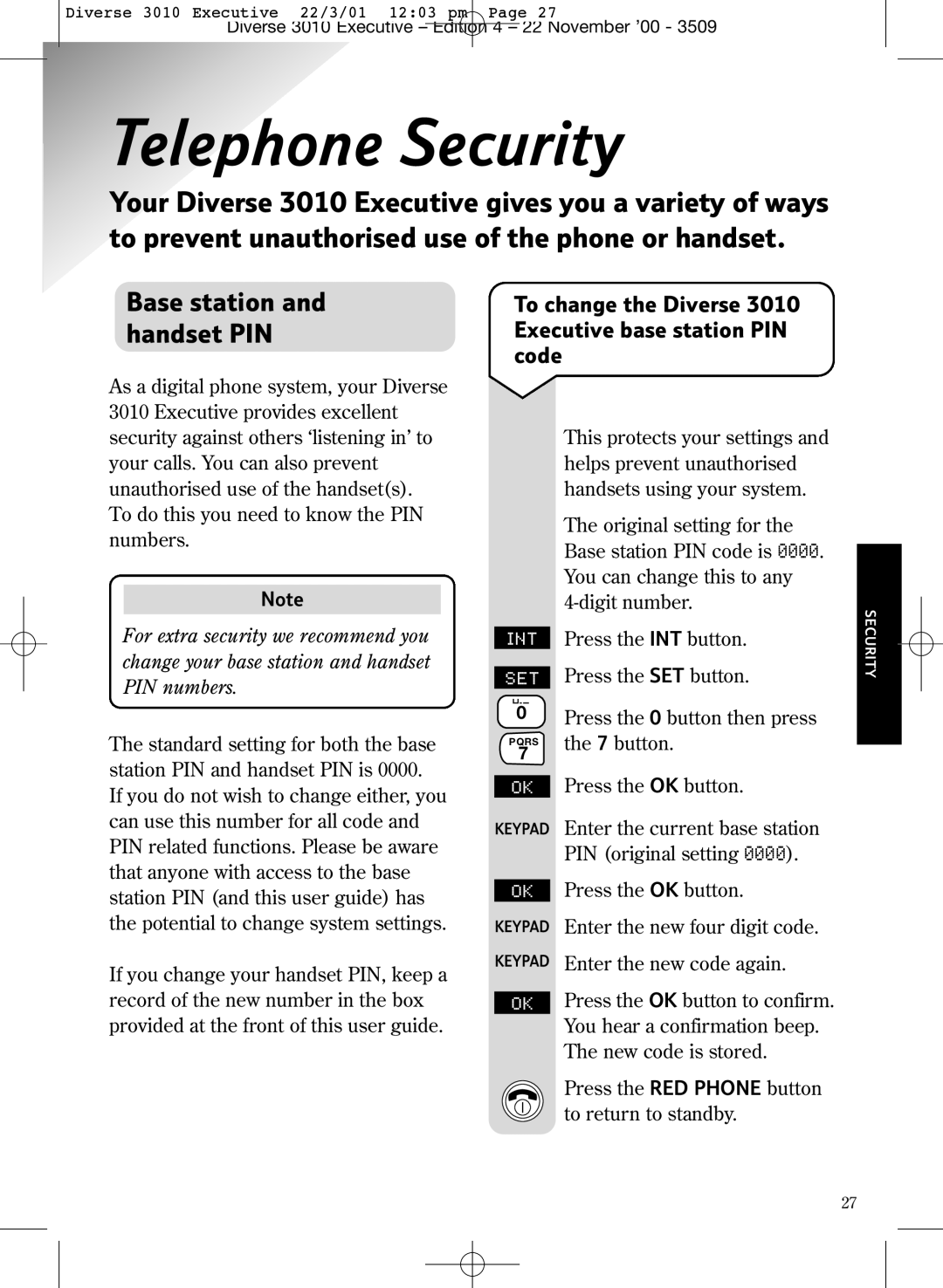 BT manual Telephone Security, To change the Diverse 3010 Executive base station PIN code 