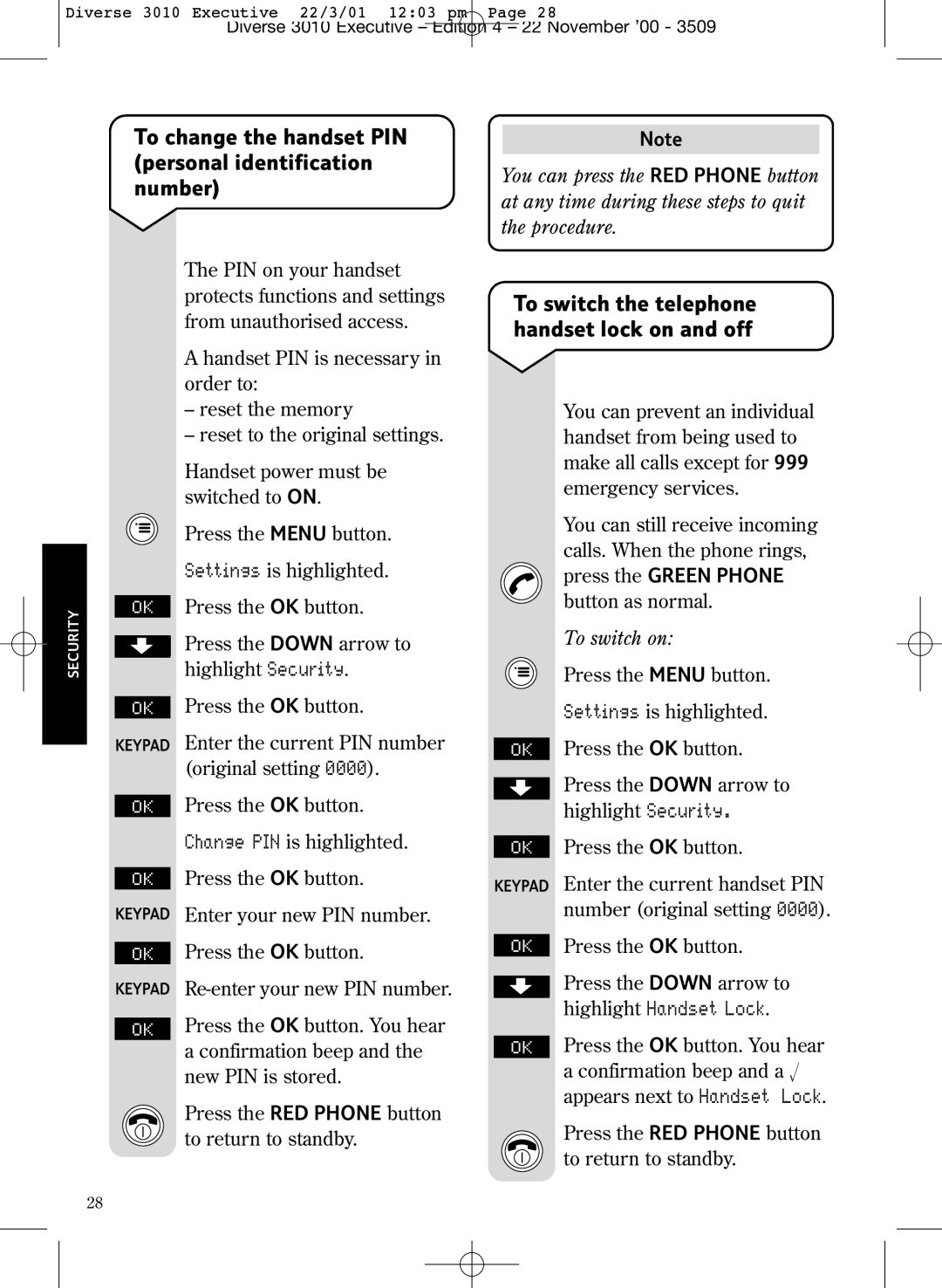 BT 3010 Executive manual To change the handset PIN personal identification number 