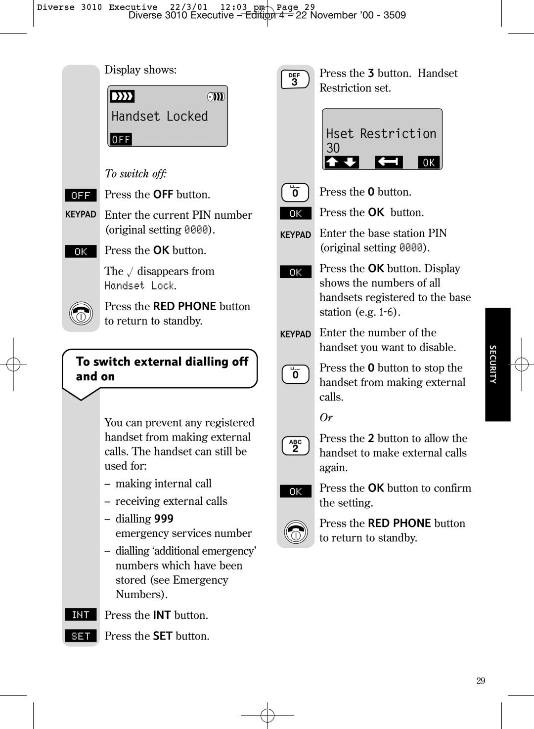 BT 3010 Executive manual To switch external dialling off and on, Handset Lock 