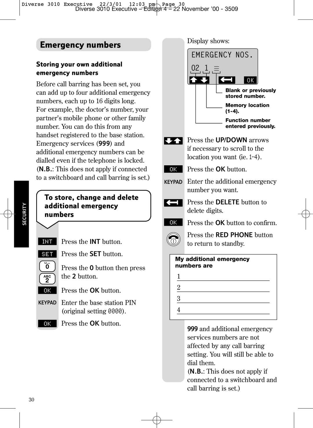 BT 3010 Executive manual Emergency numbers, To store, change and delete additional emergency numbers 