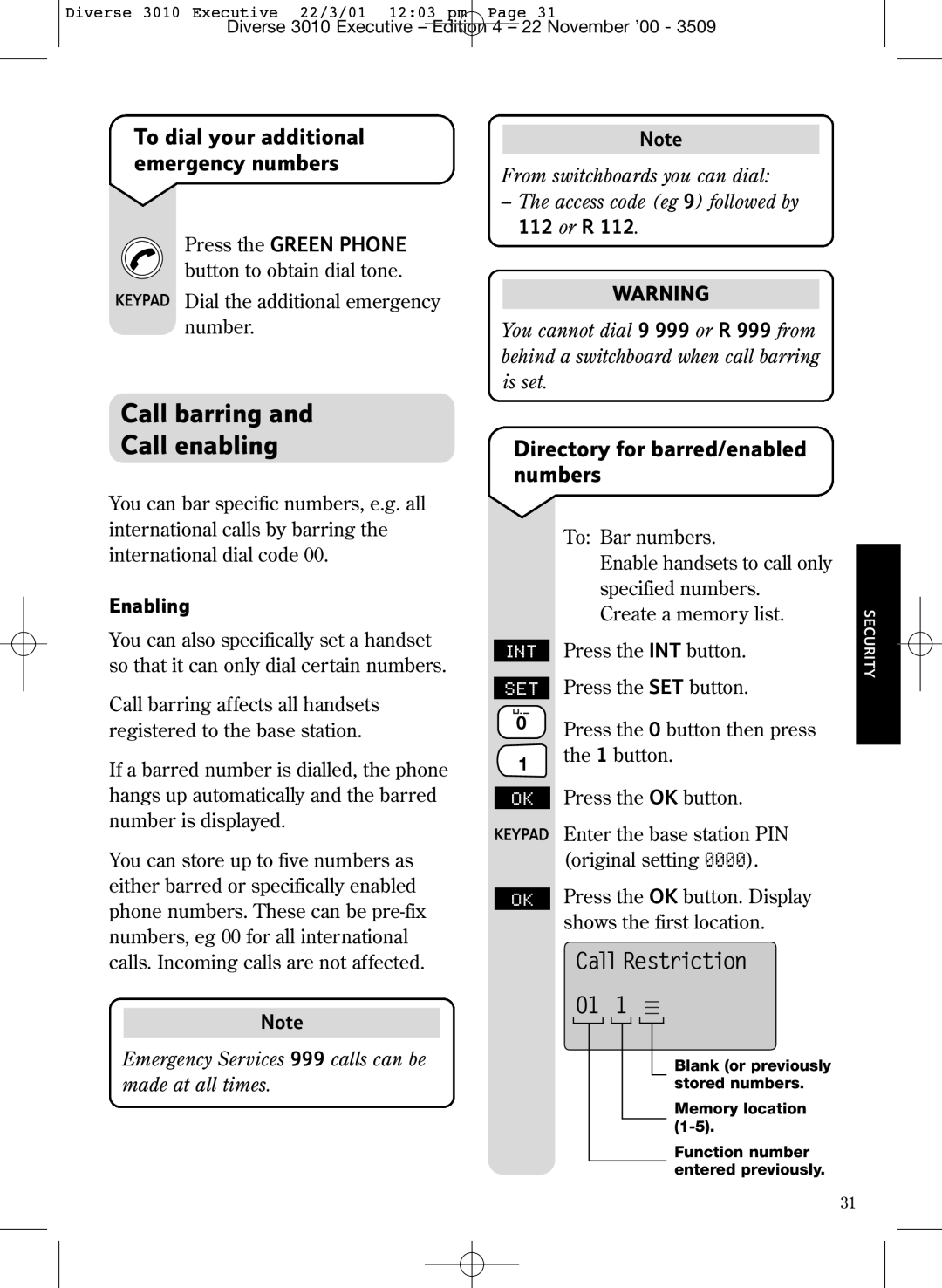 BT 3010 Executive manual Call barring Call enabling, To dial your additional emergency numbers, Enabling, Or R 