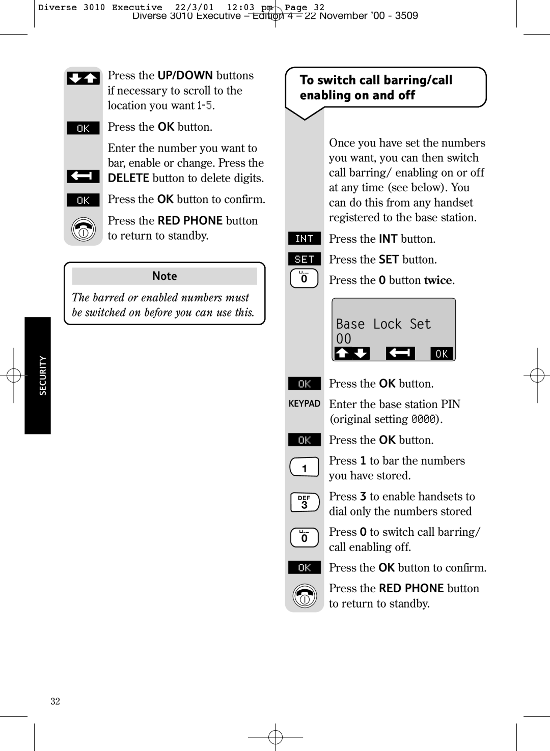 BT 3010 Executive manual Base Lock Set, To switch call barring/call enabling on and off 