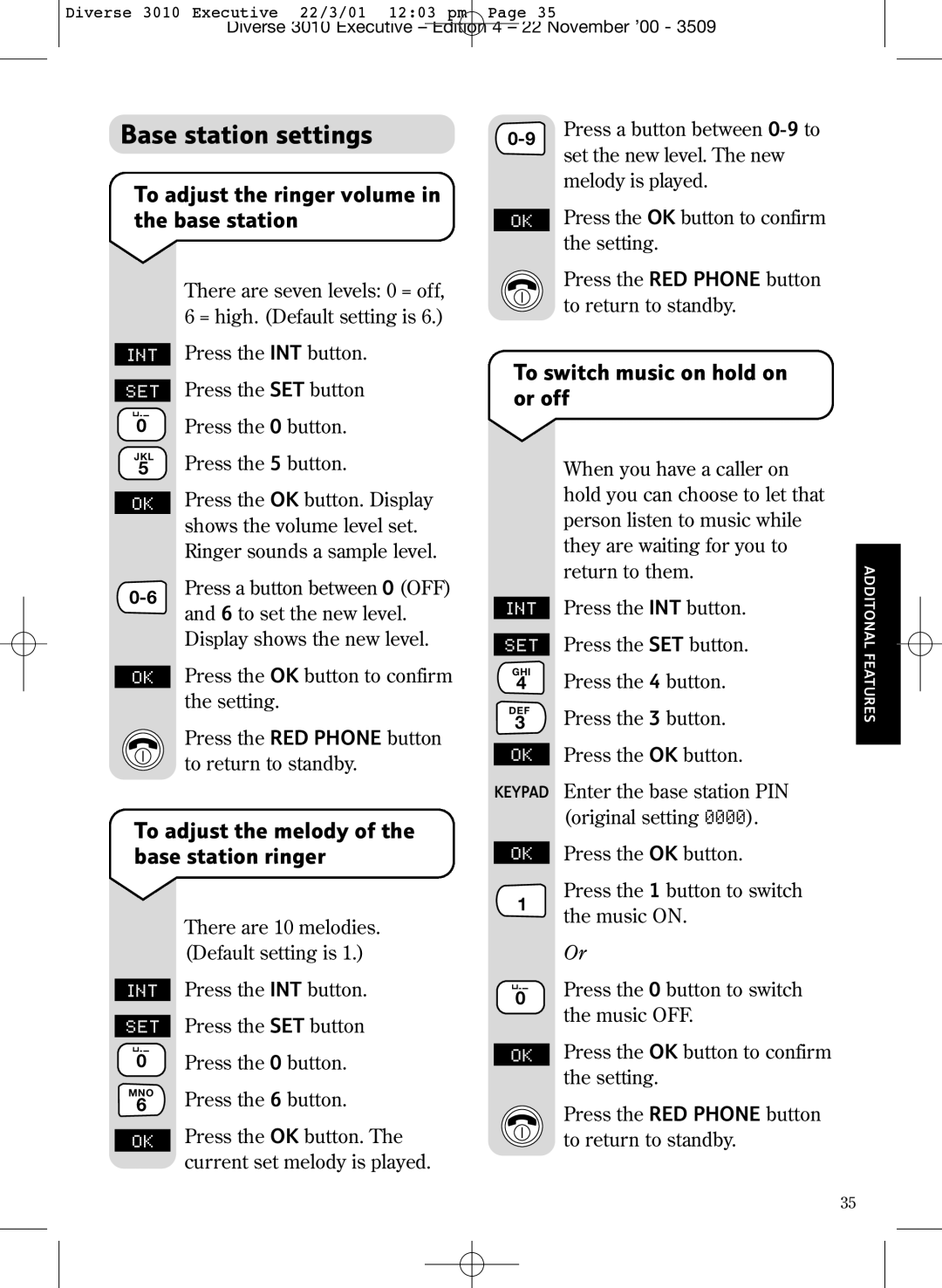 BT 3010 Executive manual Base station settings, To adjust the ringer volume in the base station 