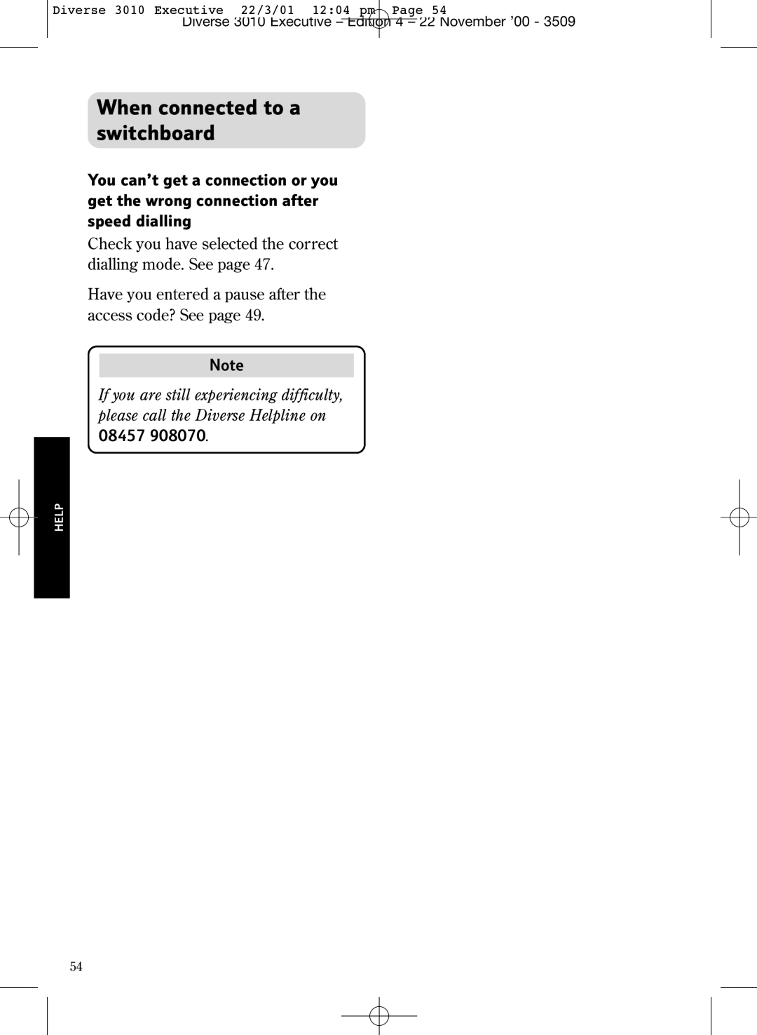 BT 3010 Executive manual When connected to a switchboard, 08457 