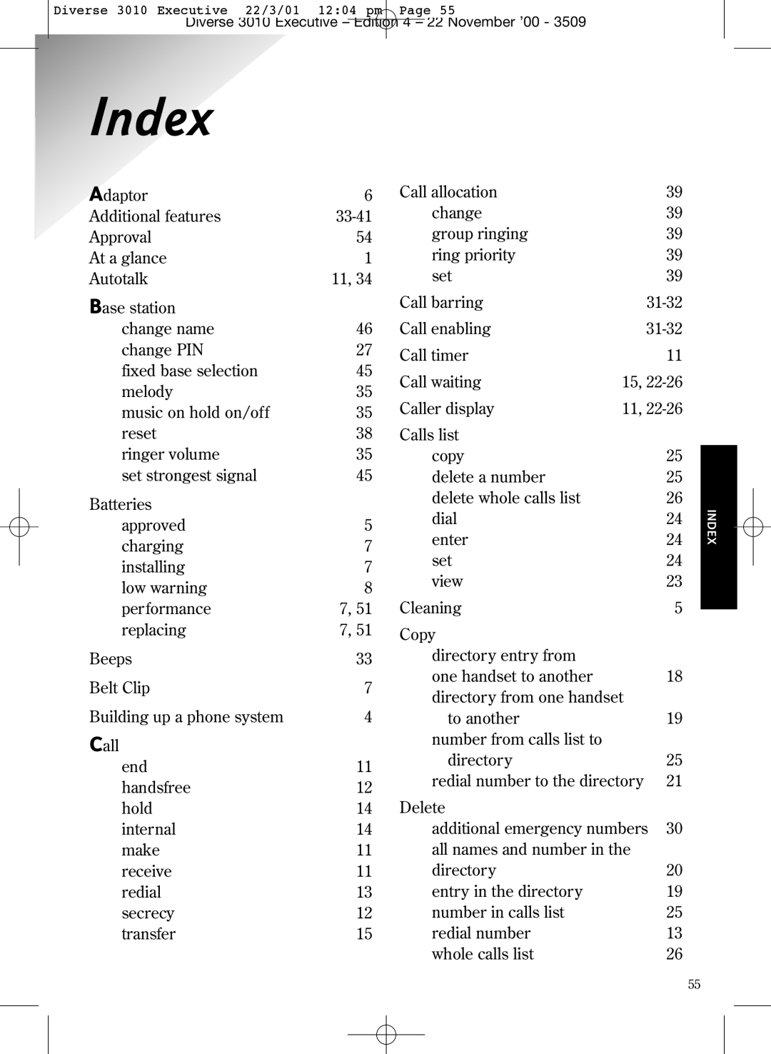 BT 3010 Executive manual Index 