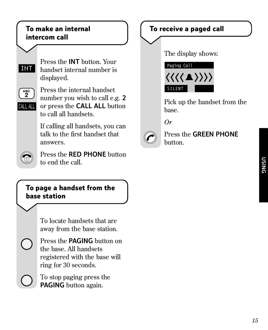 BT 3010 manual To receive a paged call, To page a handset from the base station, To make an internal intercom call 