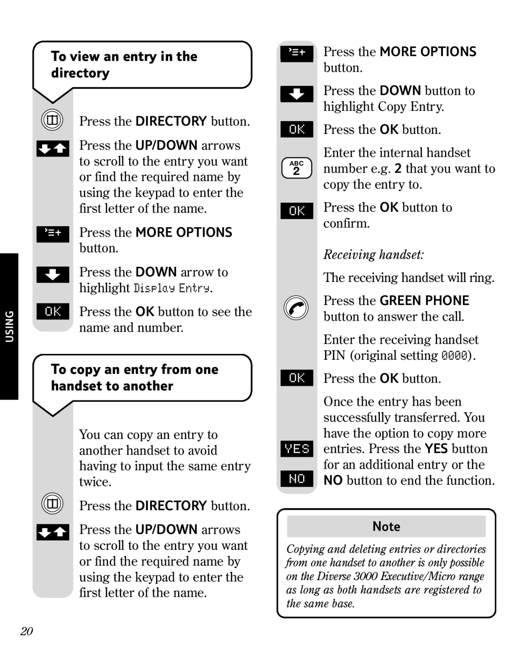 BT 3010 manual To view an entry in the directory, To copy an entry from one handset to another 