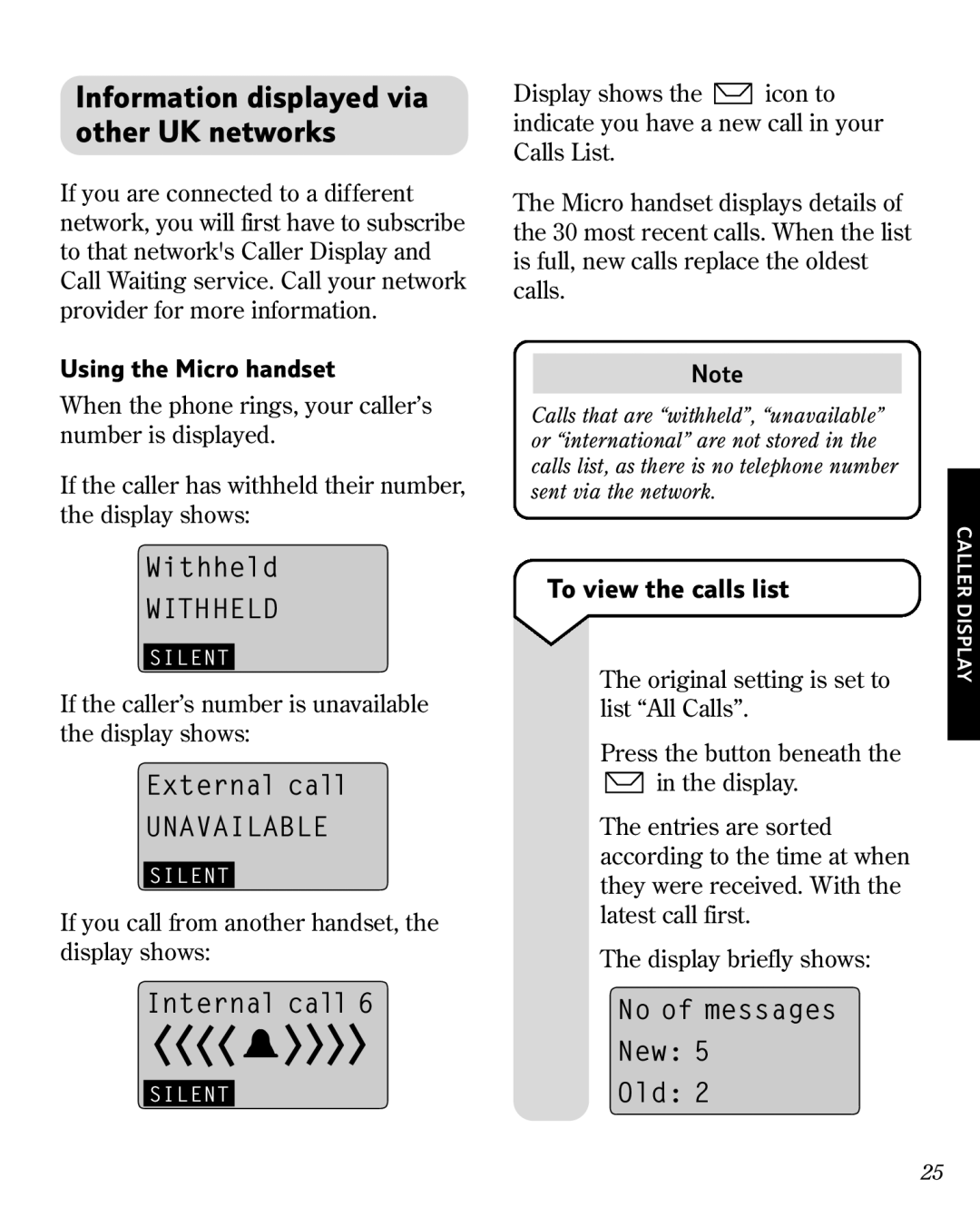 BT 3010 manual Information displayed via other UK networks, To view the calls list, Using the Micro handset 