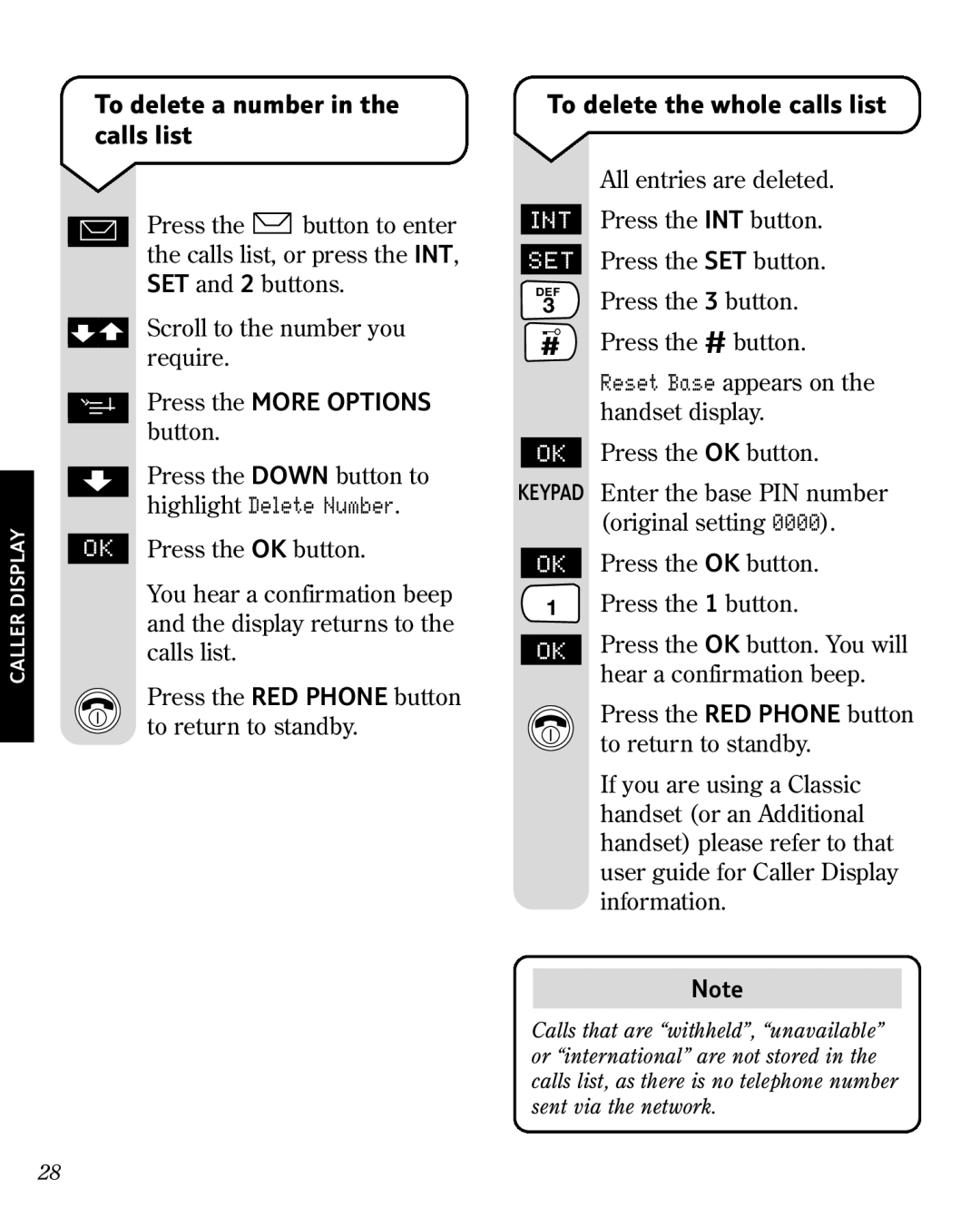 BT 3010 manual To delete a number in the calls list, To delete the whole calls list 