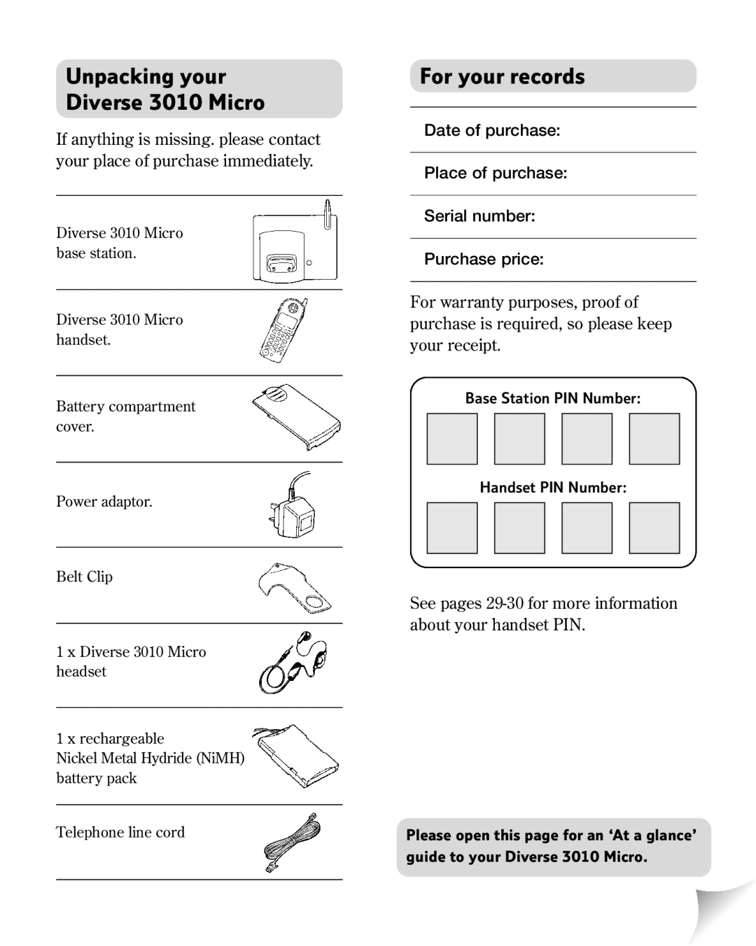 BT manual For your records, Unpacking your Diverse 3010 Micro 