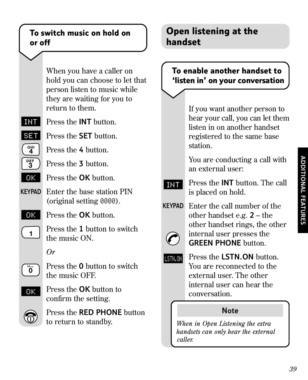 BT 3010 manual Open listening at the handset, To switch music on hold on or off 