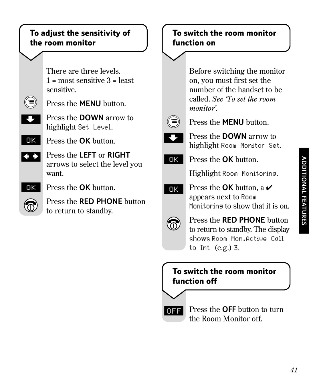 BT 3010 manual To adjust the sensitivity of the room monitor, To switch the room monitor function on 