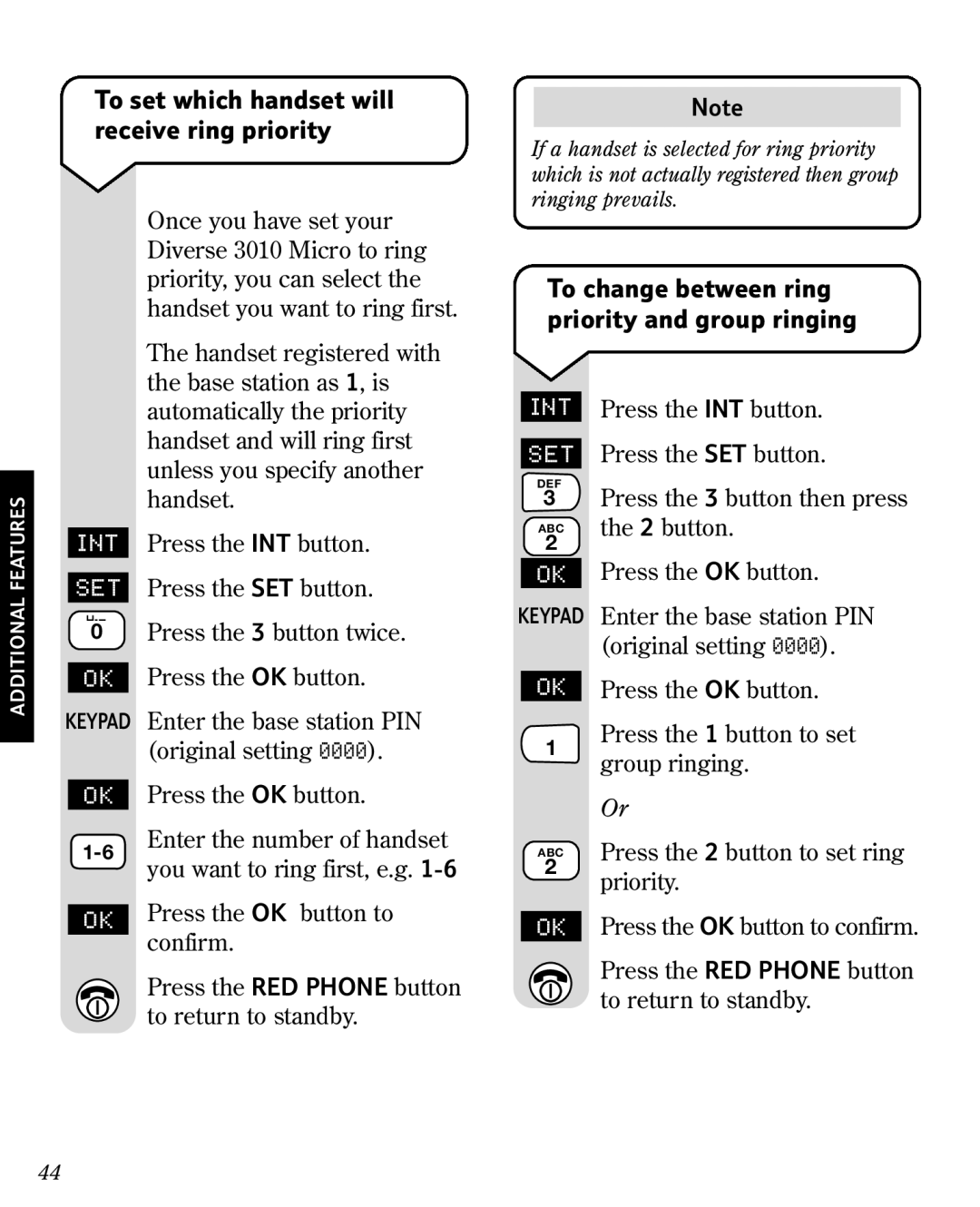 BT 3010 manual To set which handset will receive ring priority, To change between ring priority and group ringing 