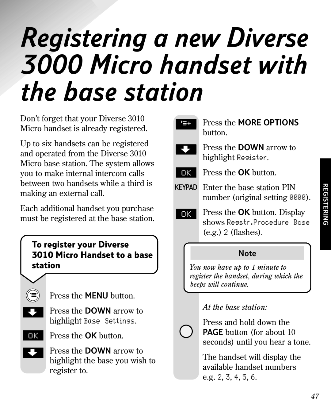 BT 3010 manual To register your Diverse Micro Handset to a base station, At the base station 