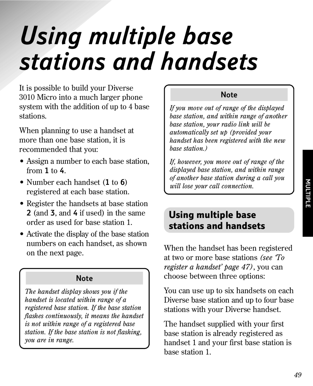 BT 3010 manual Using multiple base stations and handsets 