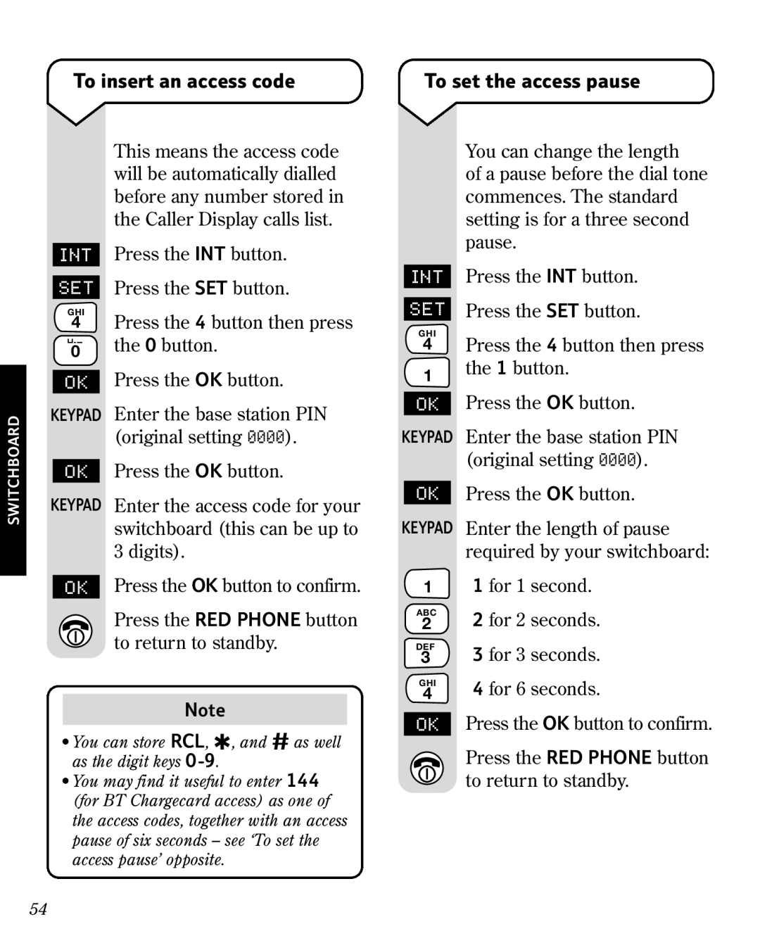 BT 3010 manual To insert an access code, To set the access pause 