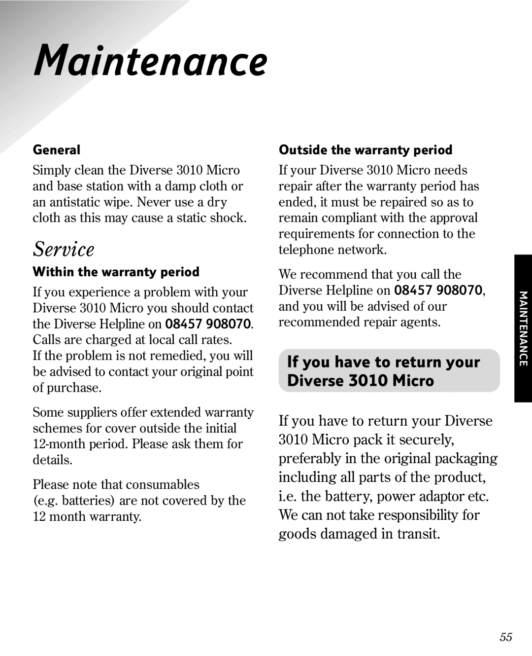 BT If you have to return your Diverse 3010 Micro, General, Within the warranty period, Outside the warranty period 