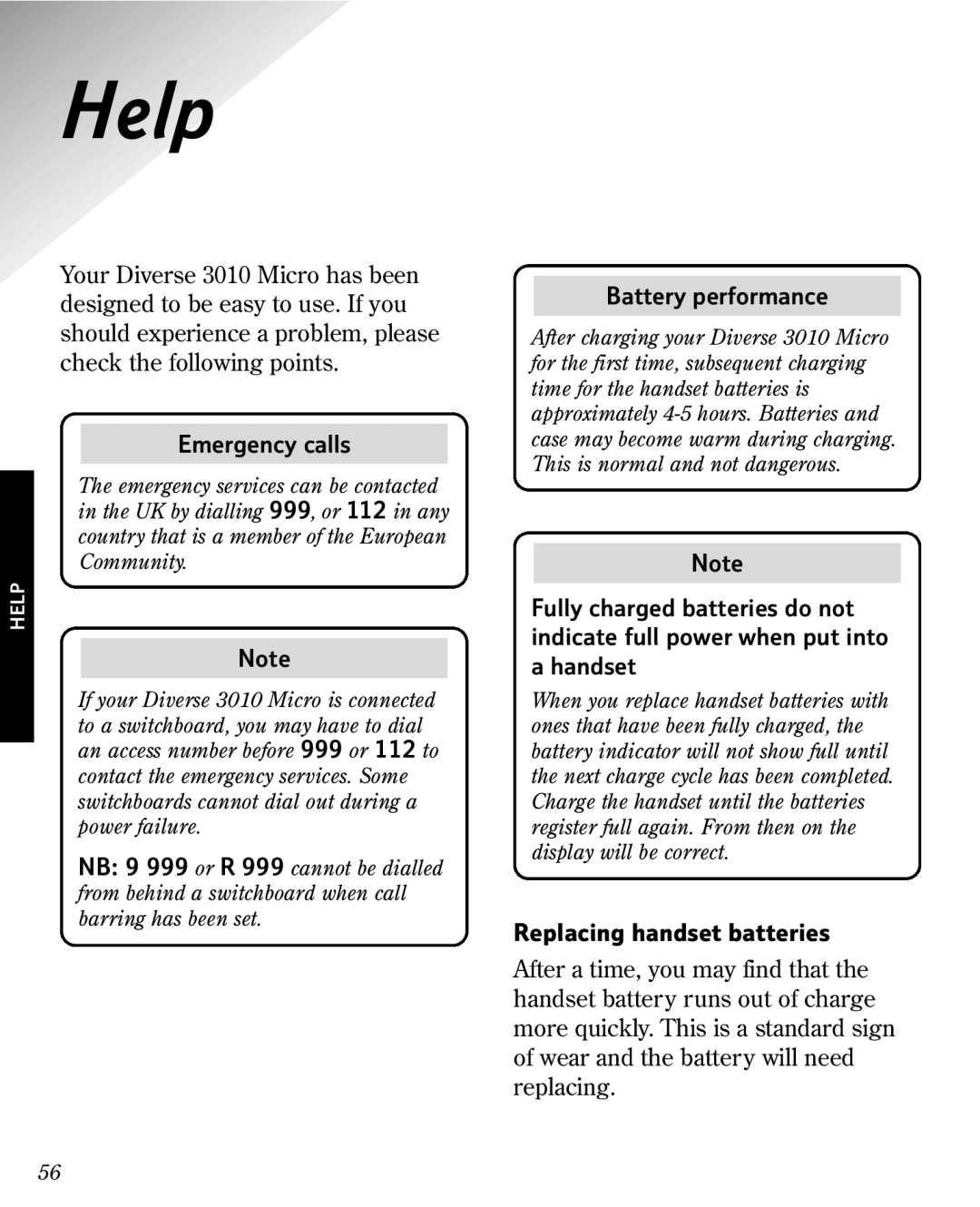 BT 3010 manual Help, Emergency calls, Replacing handset batteries 