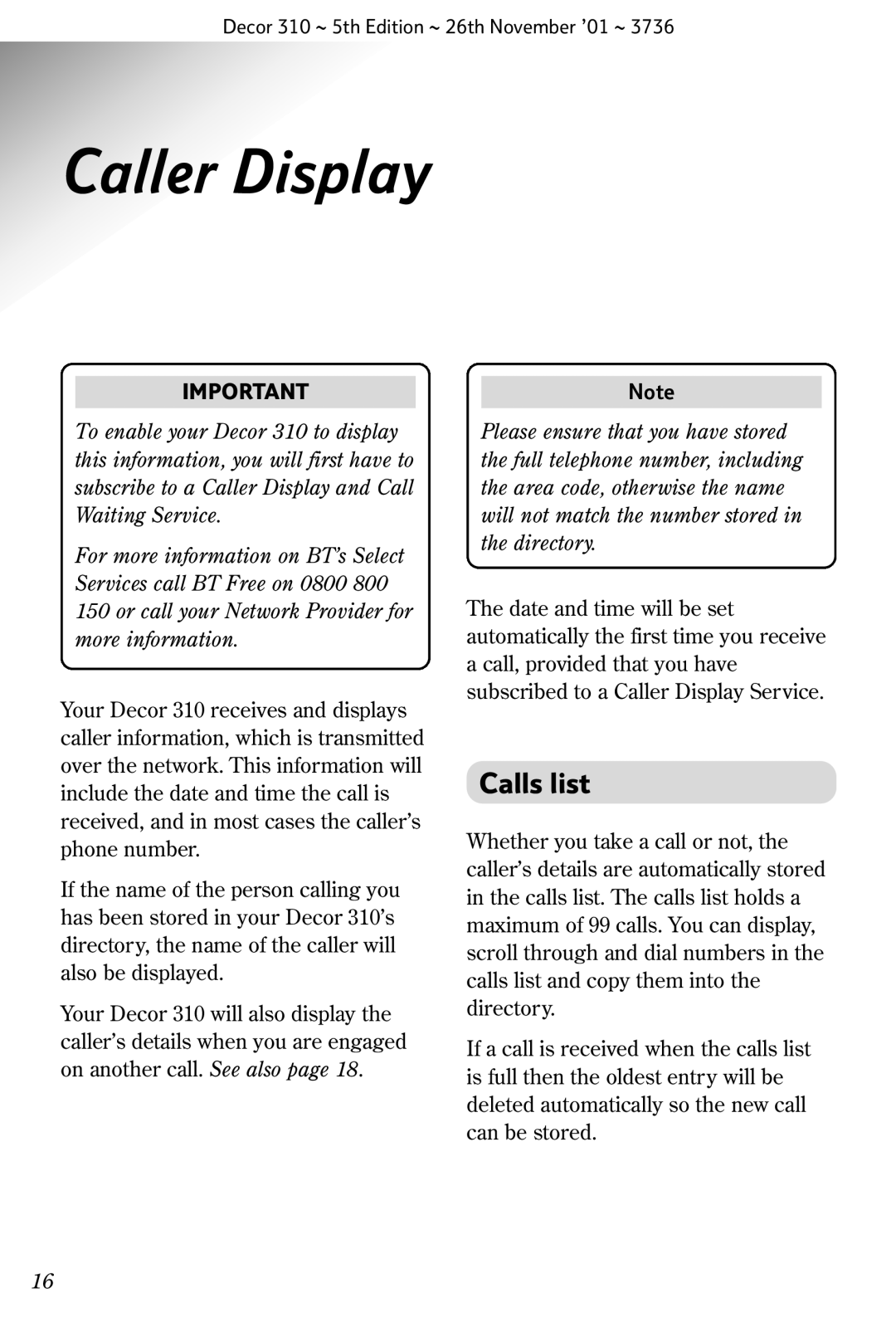 BT 310 manual Caller Display, Calls list 