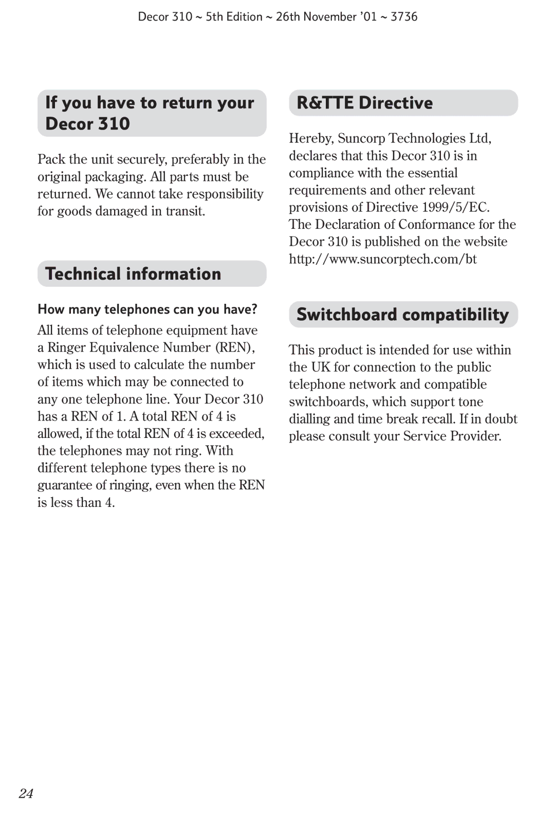 BT 310 manual If you have to return your Decor, TTE Directive Technical information, Switchboard compatibility 