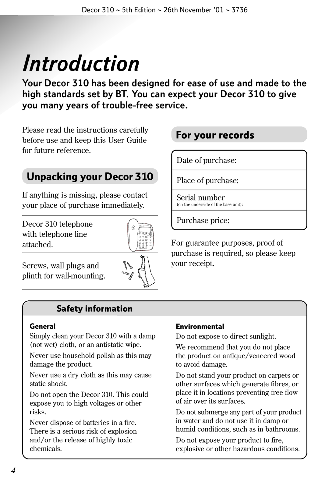 BT 310 manual Introduction, Unpacking your Decor, For your records, Safety information 