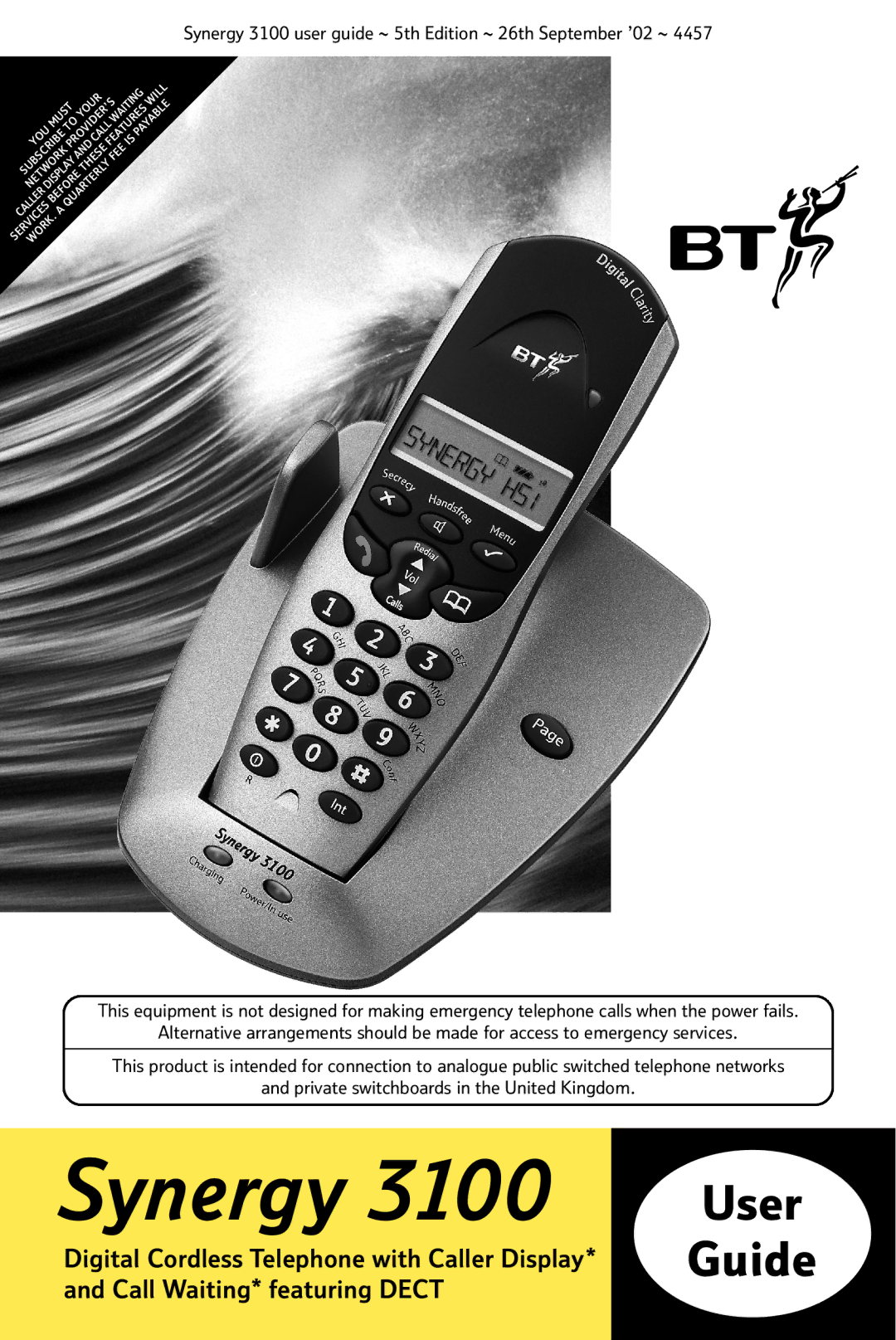 BT 3100 manual Digital Cordless Telephone with Caller Display, Call Waiting* featuring Dect 