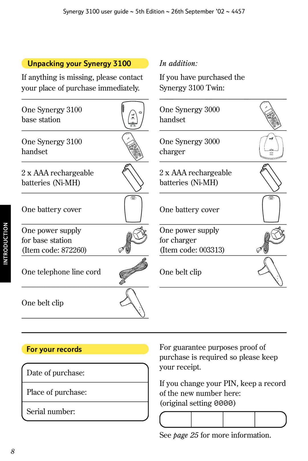 BT 3100 manual Unpacking your Synergy, Addition, For your records 