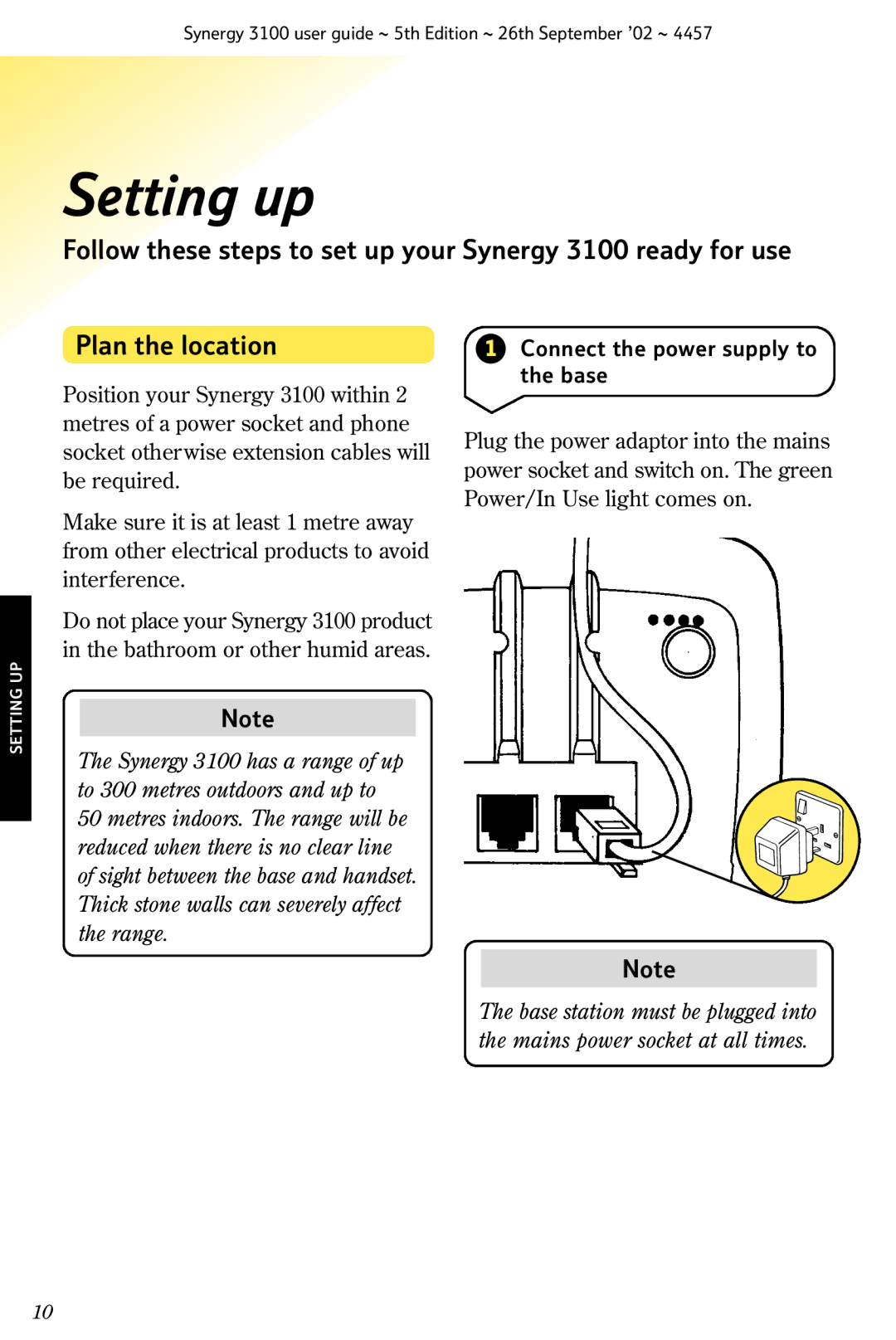 BT 3100 manual Setting up, Plan the location, Connect the power supply to the base 