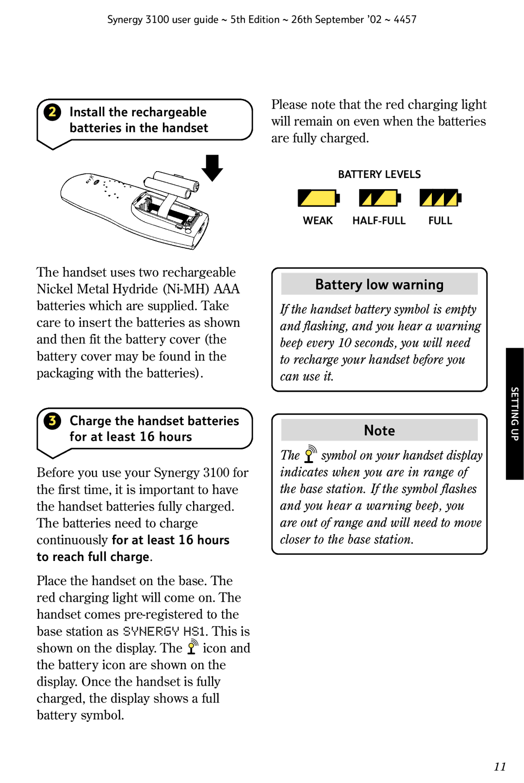 BT 3100 manual Battery low warning, To reach full charge 