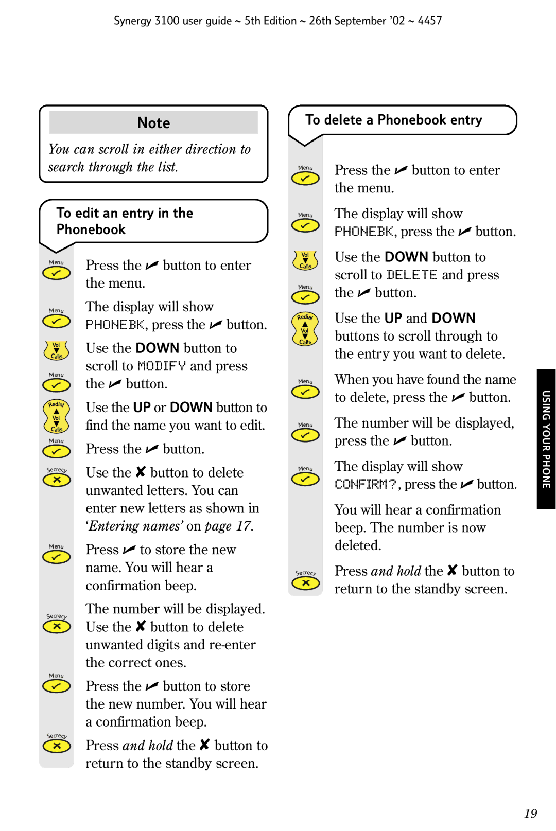 BT 3100 manual To edit an entry Phonebook, ‘Entering names’ on, To delete a Phonebook entry 