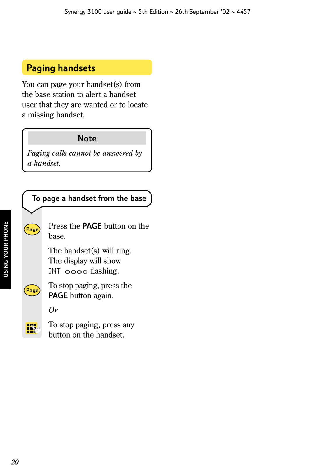 BT 3100 manual Paging handsets, Paging calls cannot be answered by a handset, To page a handset from the base 