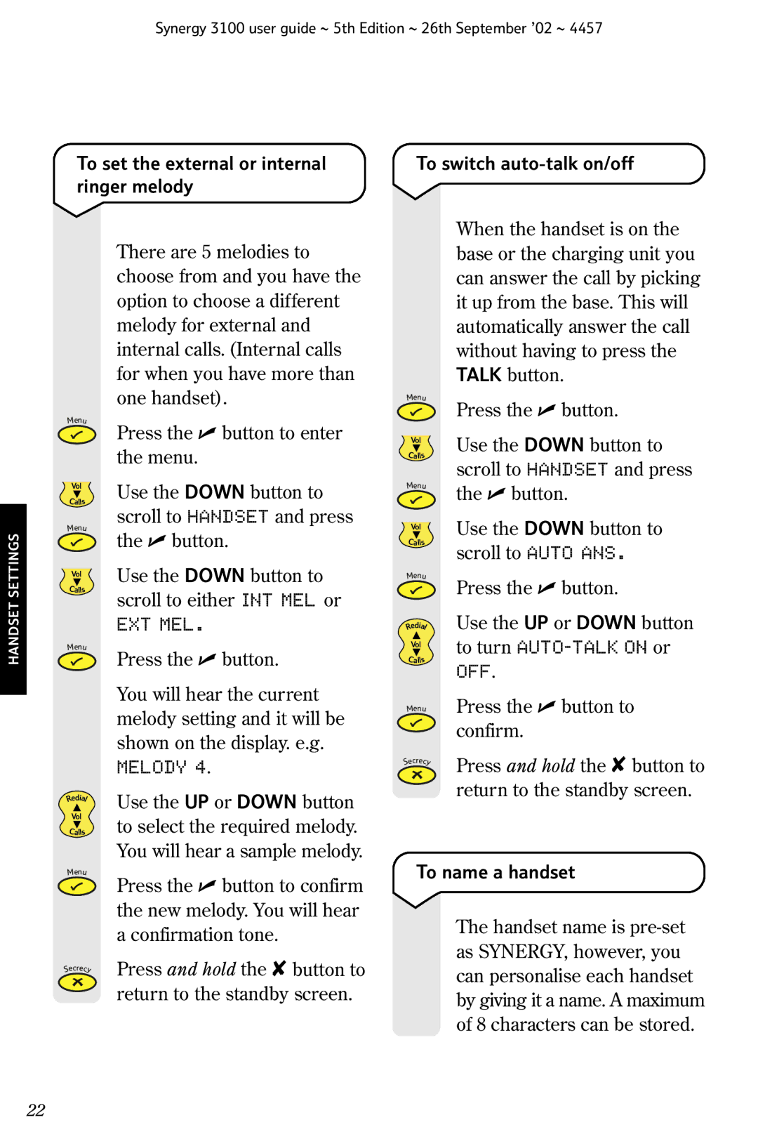 BT 3100 manual To set the external or internal ringer melody, To switch auto-talk on/off, To name a handset 