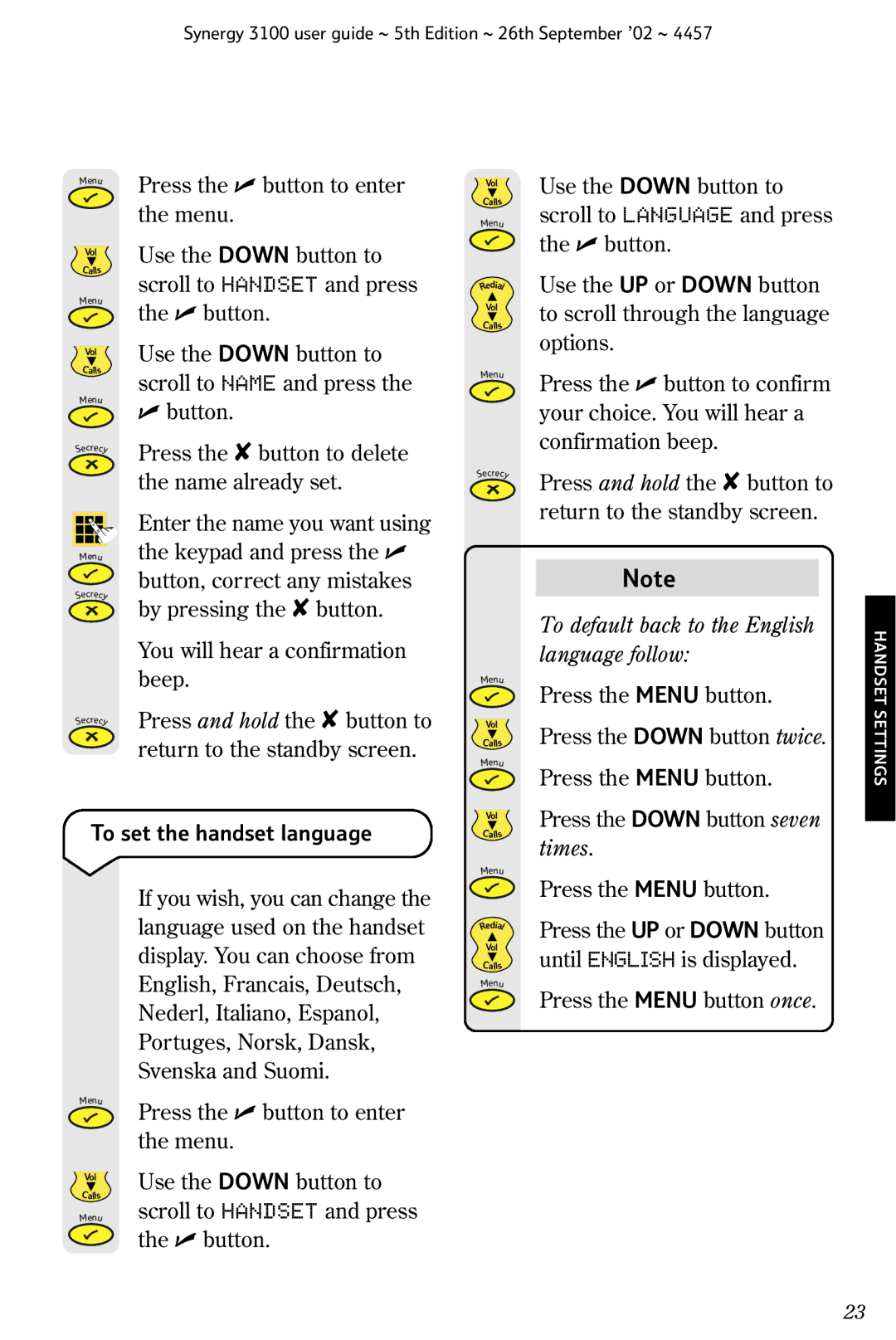 BT 3100 manual To set the handset language, To default back to the English language follow, Times 