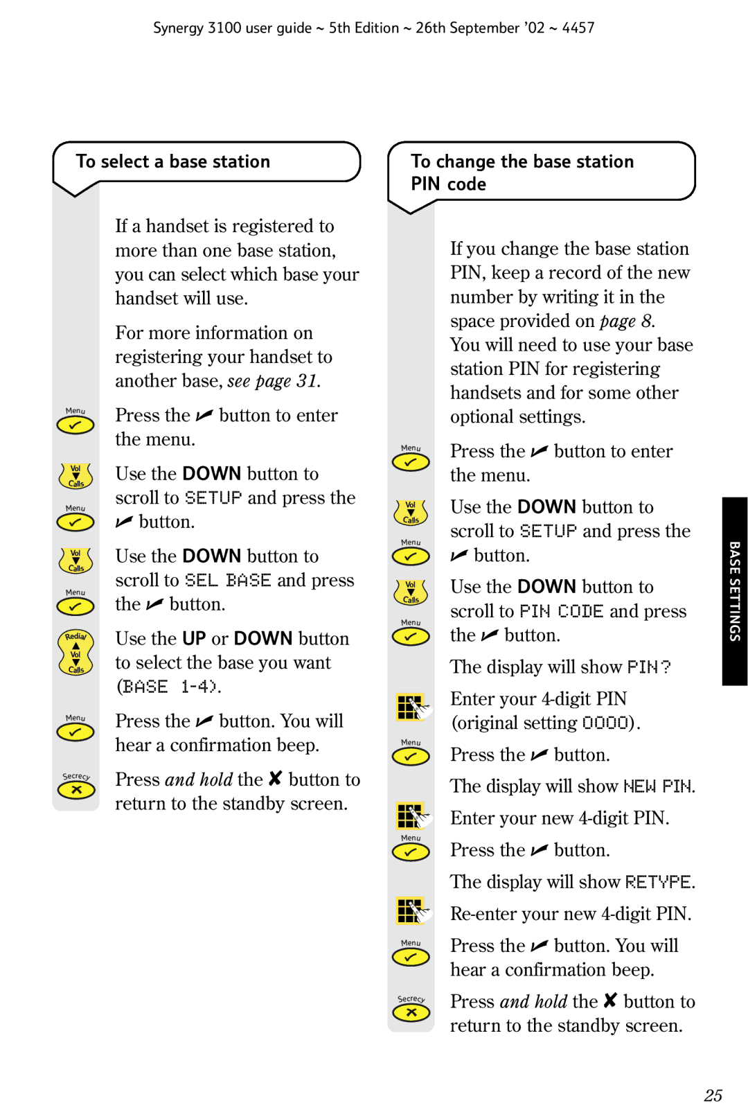 BT 3100 manual To select a base station, To change the base station PIN code 