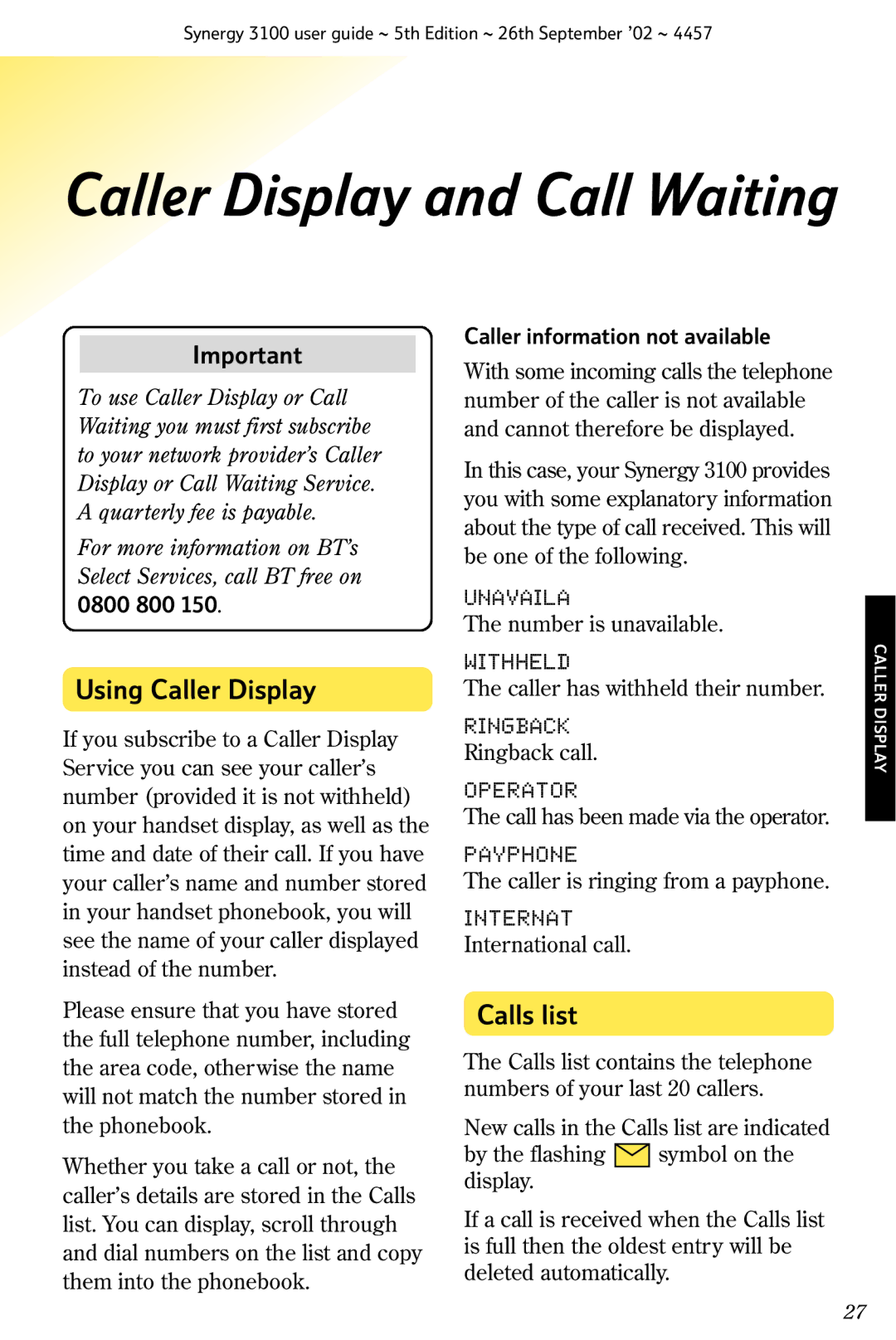 BT 3100 manual Using Caller Display, Calls list, 0800 800, Caller information not available 