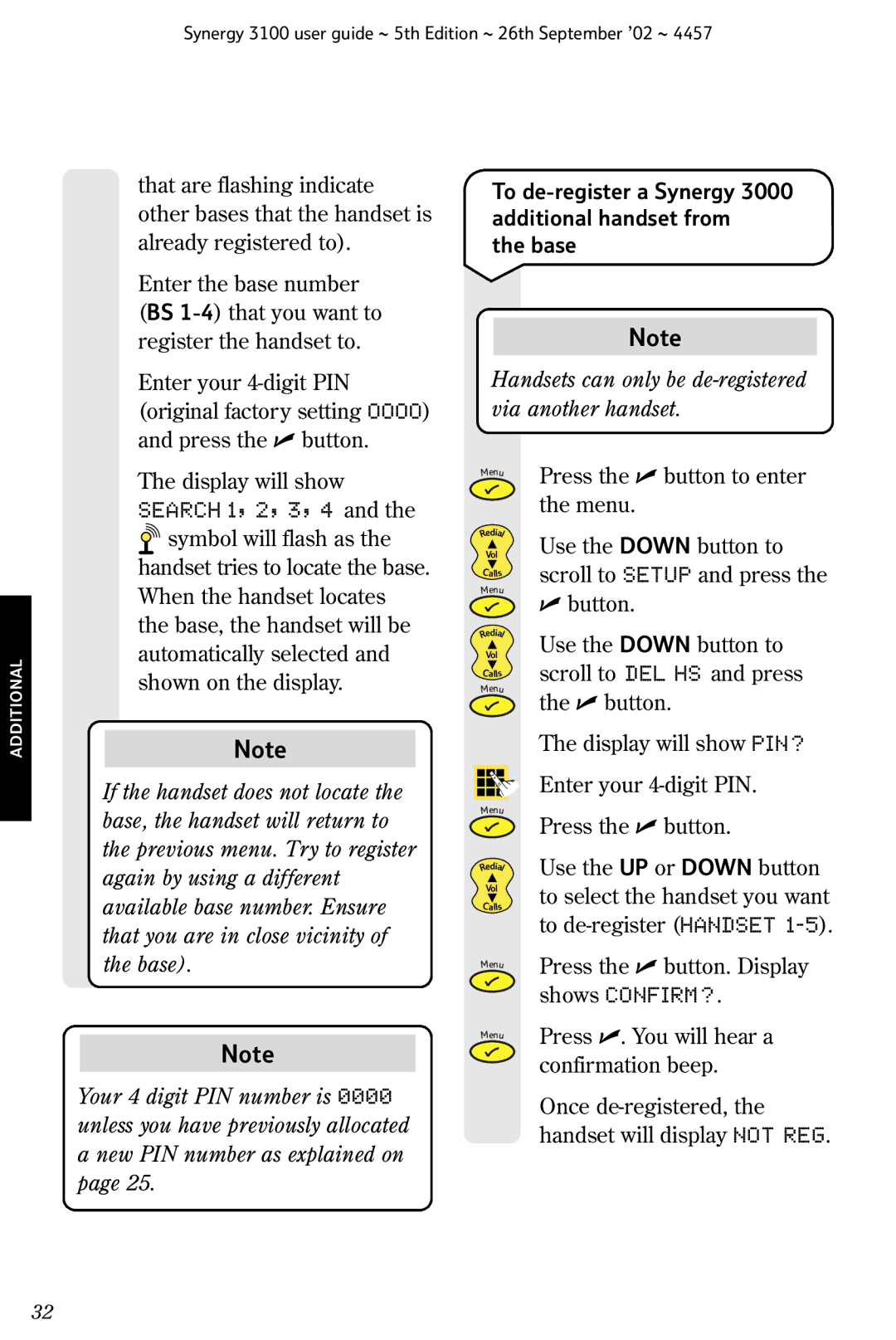 BT 3100 To de-register a Synergy 3000 additional handset from Base, Handsets can only be de-registered via another handset 