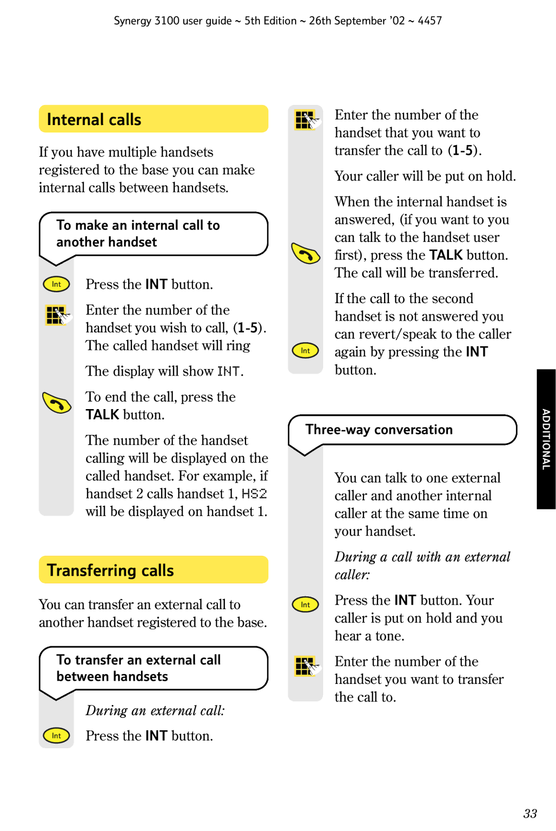 BT 3100 manual Internal calls, Transferring calls, To make an internal call to another handset, Three-way conversation 