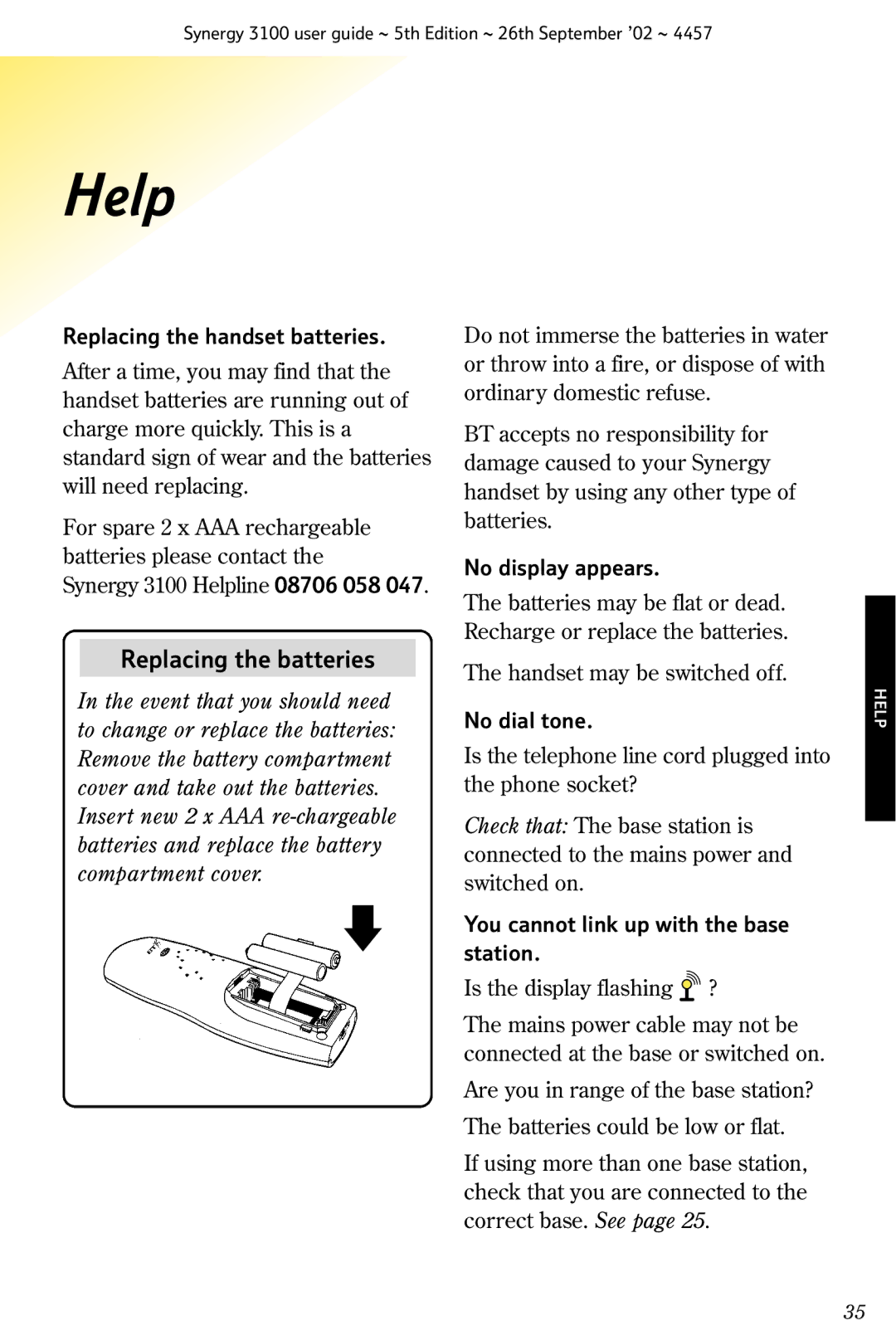 BT 3100 manual Help, Replacing the batteries 