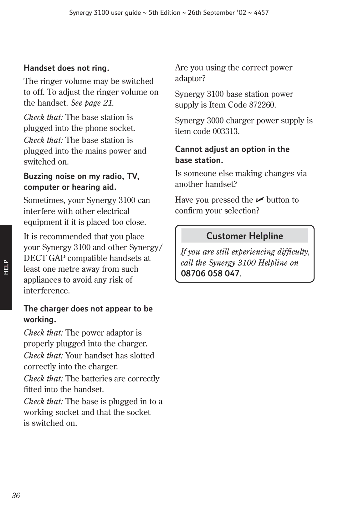 BT 3100 manual Handset does not ring, Buzzing noise on my radio, TV, computer or hearing aid, 08706 058 