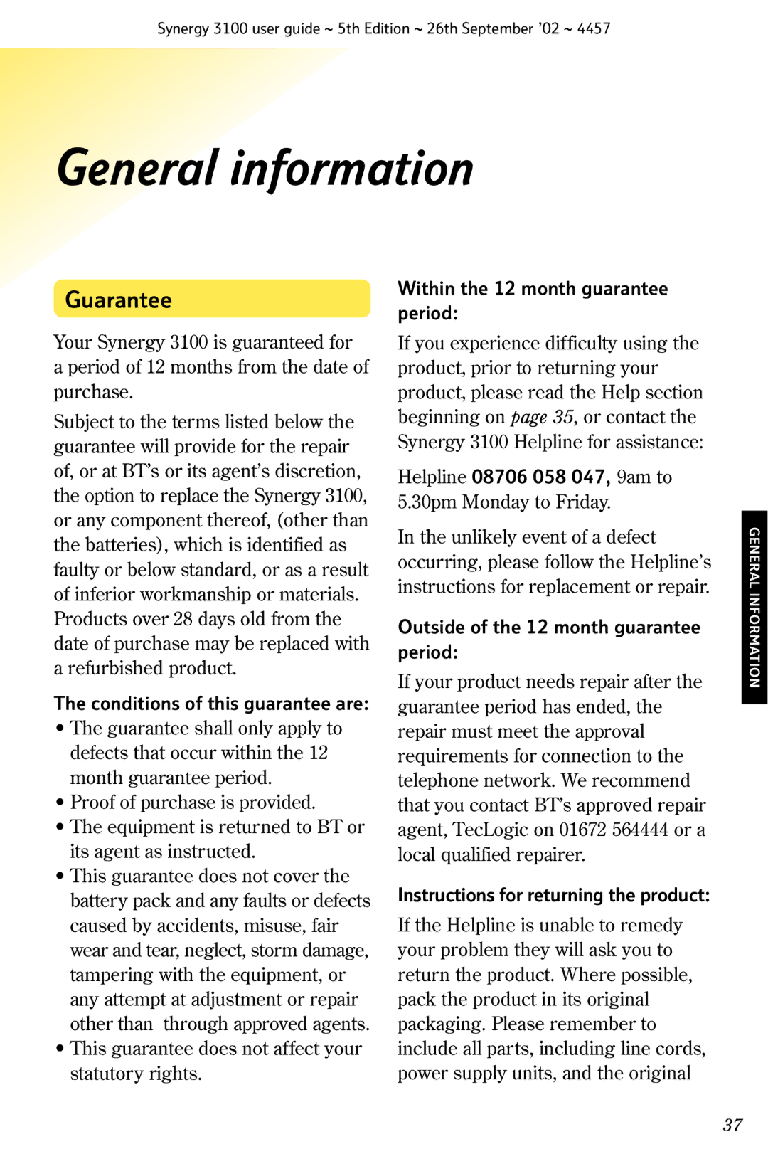 BT 3100 manual General information, Guarantee 